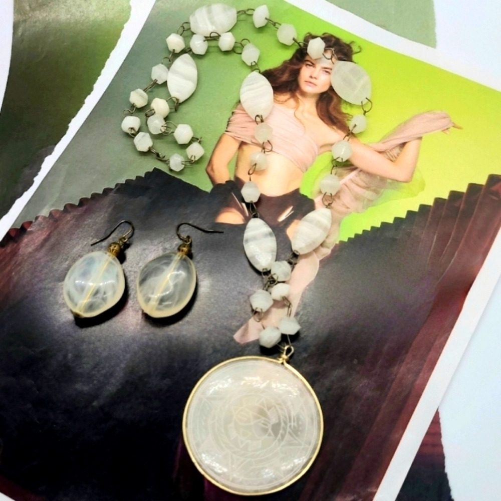 Vintage White Jade Boho Mayan Engraved Medallion Necklace & Earrings